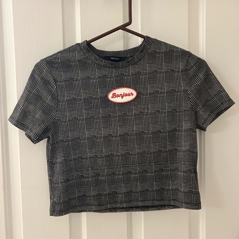 Forever 21 Bonjour Graphic Houndstooth Plaid Crop Top Size Small